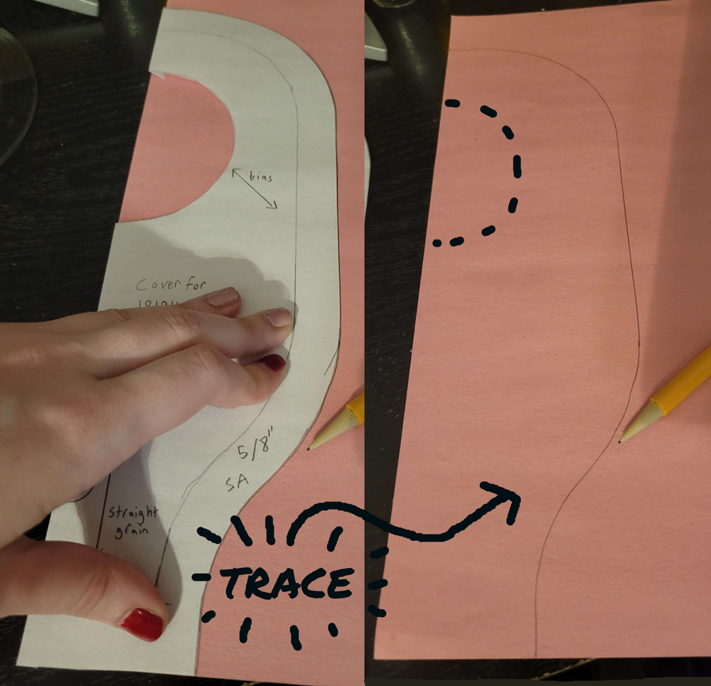 (image: Tracing the temporary pattern piece onto pattern-making paper. )