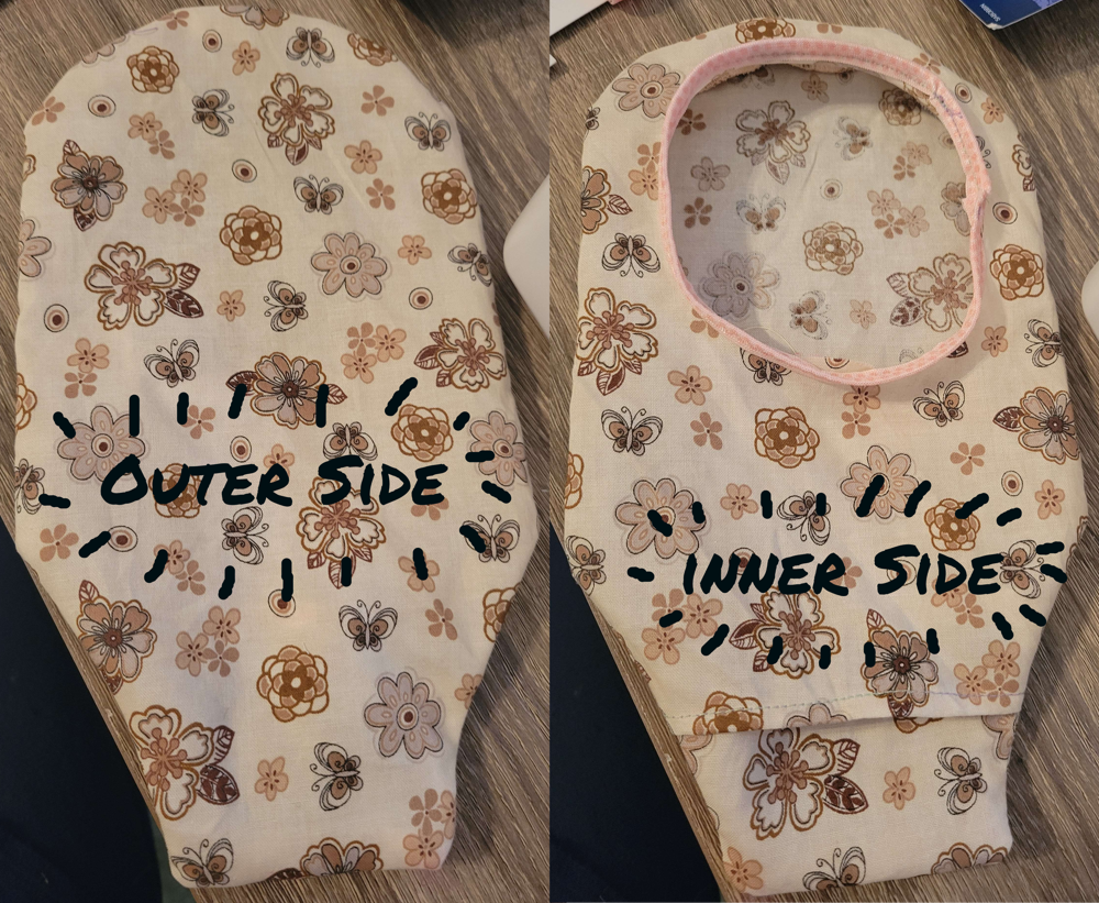 (image: A finished prototype for the bag. The inner side's overlap will be upper piece over lower piece. )