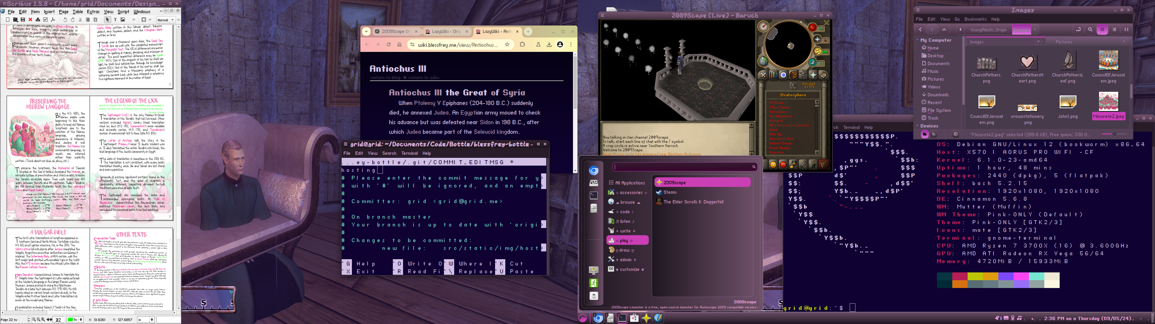 (image: How my desktop looks. Everything's washed over with a pink tone, while the terminal has a deep eggplant background with white text and special text in minty cyan, neon chartreuse, soft red, hot magenta, and a shocking grape. I can't get enough of these colors.)