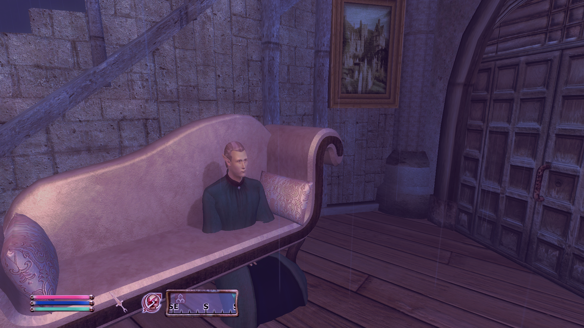 (image: An Altmer sitting through a sofa in a broken tower in the rain. His legs clip through the floor, and he clips through the sofa cushion from the waist up.)